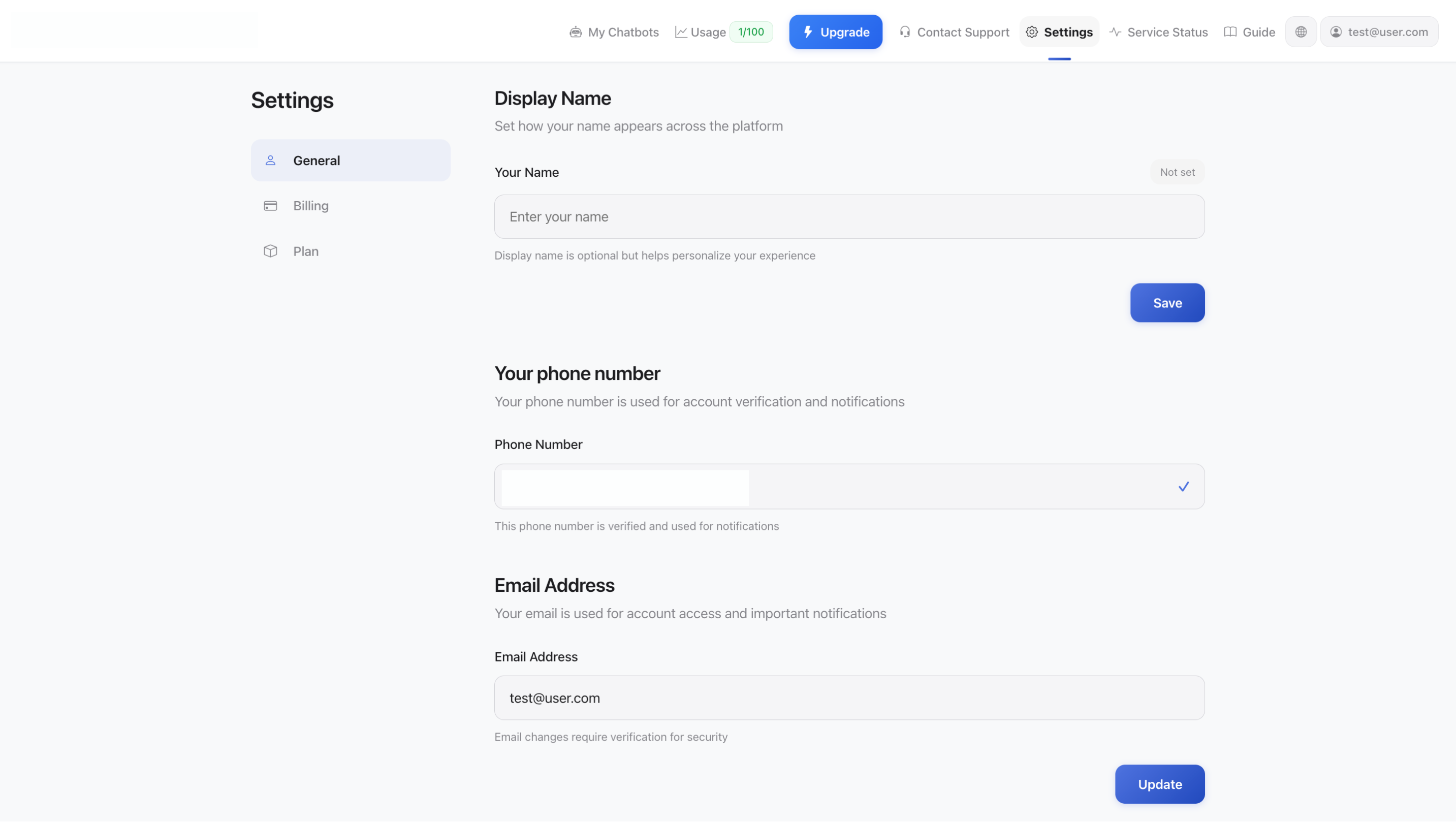 Impostazioni account - Generali